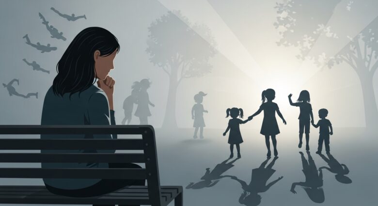 公園のベンチに座る男女の後ろ姿