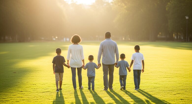 夕暮れの公園を歩く家族の後ろ姿